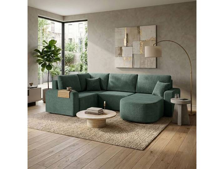 Canapé en U modulable 5 places en tissu texturé vert - MODULYS