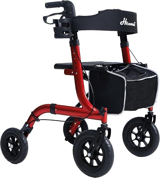 Rollator Faltbar mit Sitzpolster, Einkaufstasche & Stockhalter - Höhenverstellbar, Leicht & Schmal für Senioren - Gehwagen mit Bremse, 10"/8" All-Terrain Räder, Aluminium, Schwarz(Rot)