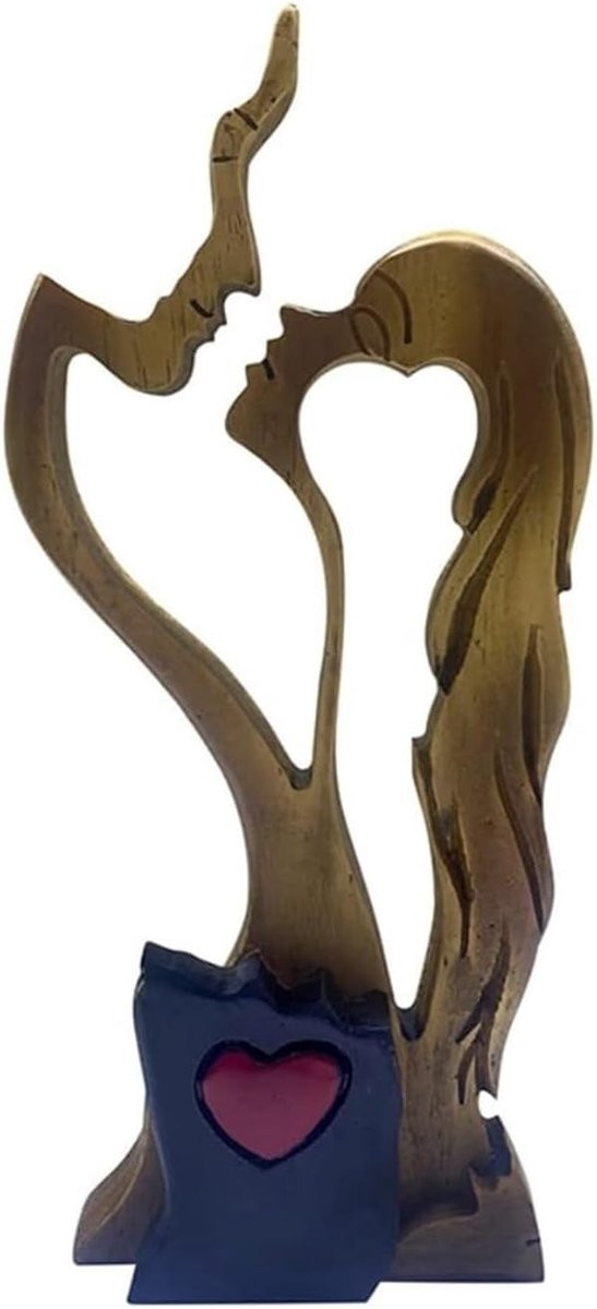 Abstracte sculptuur Liefdesbeeld paar Handgemaakt design Houtkleur 25 cm lengte