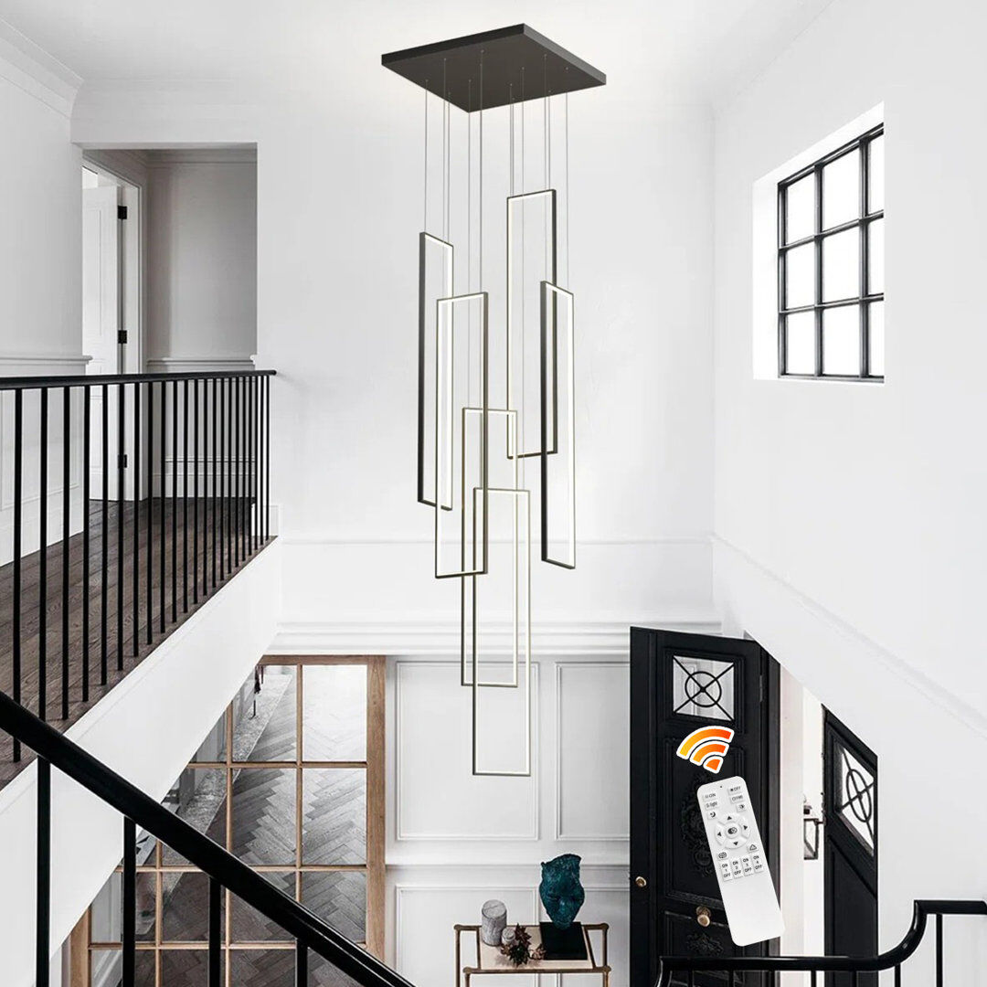 Blue Elephant Cocoon 6 - Light Unique Rectangle LED Dimmable Pendant Long Staircase Chandelier with Remote Control Included Black 80cm H X 20cm W