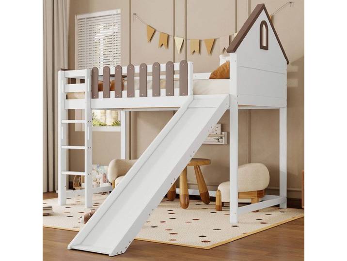 Lit superposé avec toit et fenêtre avec triple escalier droit lit Junior lit bébé avec toboggan pin + MDF blanc + noyer 90x200