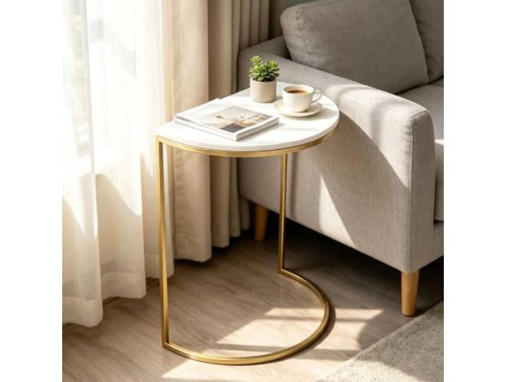 Beistelltisch C-Form, Sofa Couchtisch mit Metallrahmen, modern, vielseitig Robuster Metallrahmen, C-förmiges Design, platzsparender Sofa-Beistelltisch(White Small,19.7in*15.7in*7.9in)
