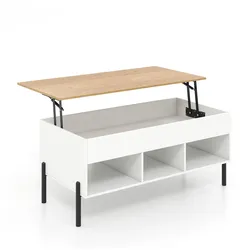 COSTWAY Höhenverstellbarer Couchtisch, Beistelltisch mit hochklappbarer Tischplatte und 3 offenen Fächern (weiß)