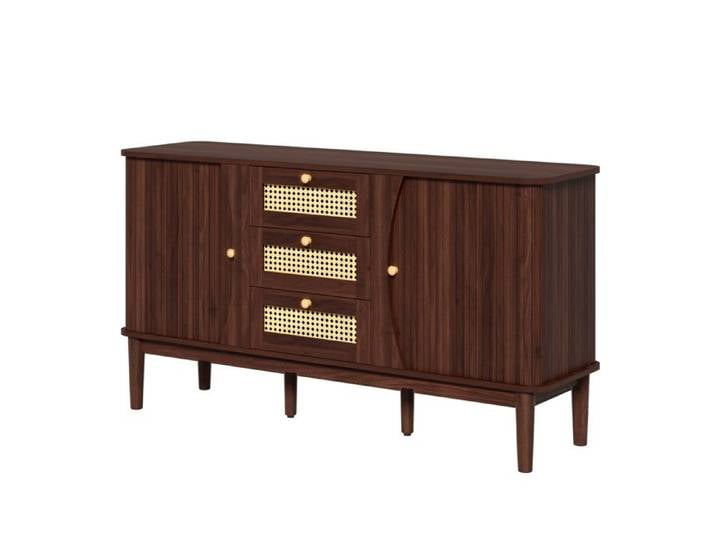 Modenuit Buffet bas 141 cm couleur noyer 2 portes coulissantes 3 tiroirs en cannage