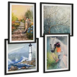 BILDER SET 4er Set - 50x50 cm & 40x60 cm Schwarzer Rahmen - Leuchtturm, Landschaft, Mädchen, Pferd
