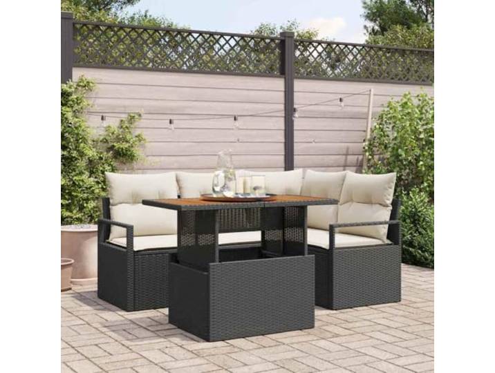 HEFZGDB 5 Stück Poly Rattan Gartenset mit Kissen in Schwarz und Creme, Gartenstühle Rattan Gartentisch für Terrasse und Balkon, Essgruppe für den Außenbereich