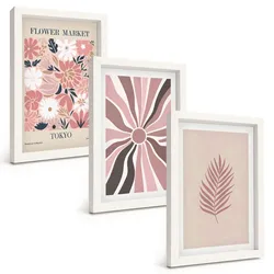 BILDER SET 3er Set - 20x30 cm Weißer Rahmen - Florale Blattmuster und Geometrie