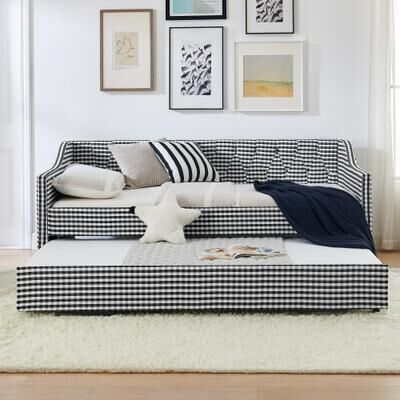 Unbranded Twin/Full Upholstered Convertible Daybed, Button Tufted Back Sofa Bed with Pull-Out Trundle & Side Storage