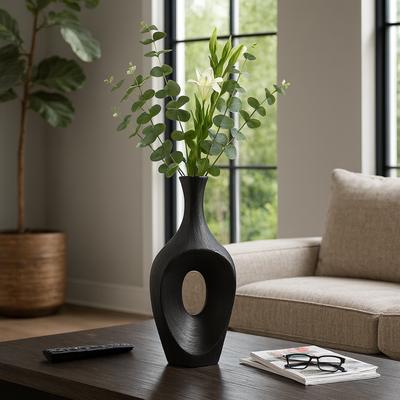 Sagebrook Home "Ceramic Oval Scratched Open Cut Vase - Black, 19"""