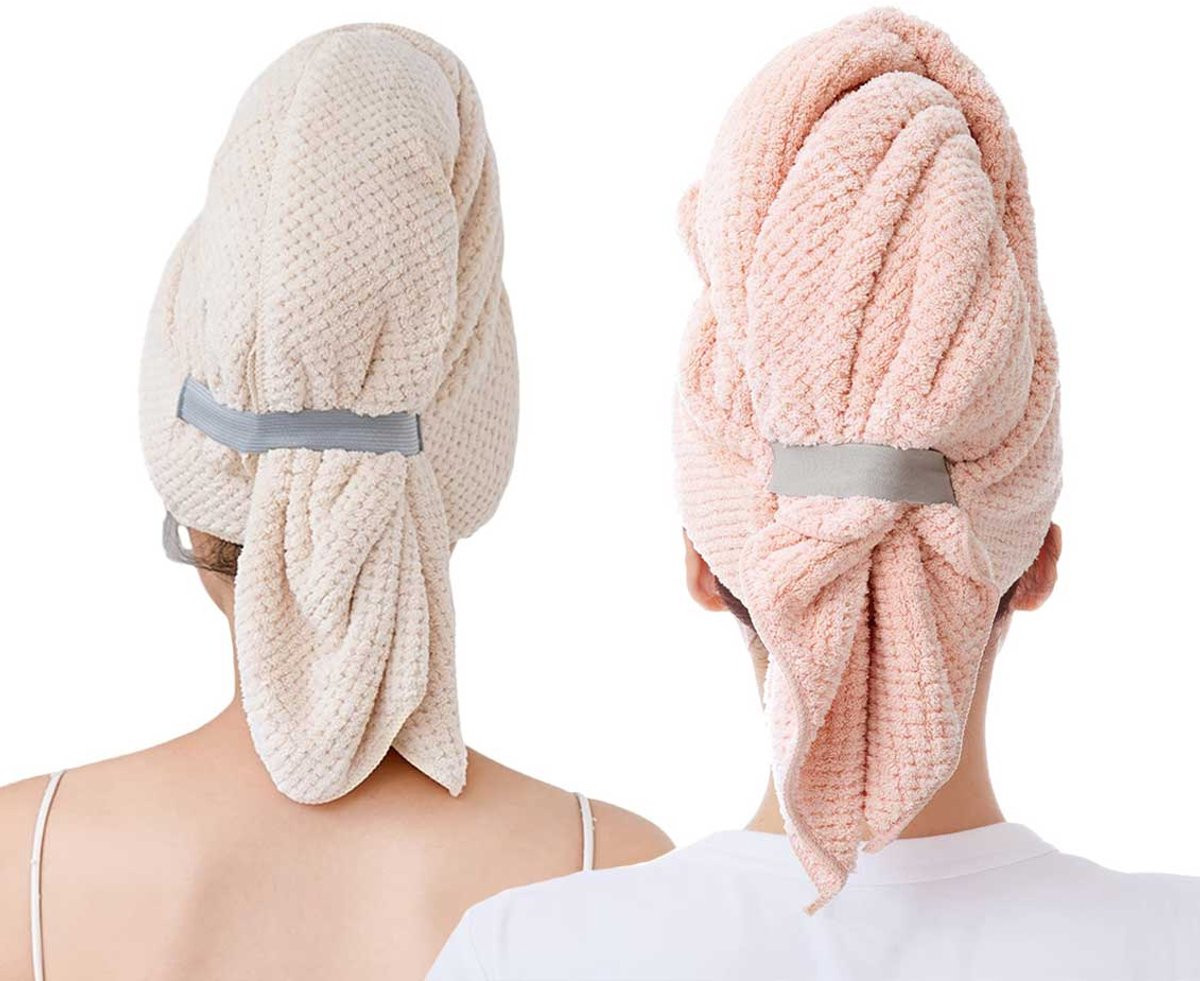 Tweedelige snel drogende handdoekset voor dames met hoofddoek - Wit en roze