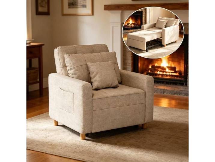 YODOLLA Fauteuil Convertible 1 Place 3-en-1 Chauffeuse avec Rangement Beige Canapés Divans-Beige