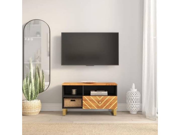 HEFZGDB TV-Schrank Braun und Schwarz 80x33,5x46 cm Massivholz Mango mit Stauraum und Eisenbeinen für Stabilität und Langlebigkeit