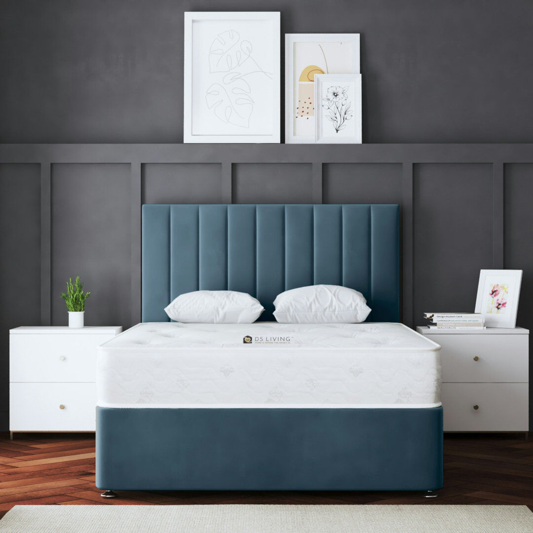 DS Living Upholstered Panel Divan Bed with Headboard Sky Blue Double (4'6)