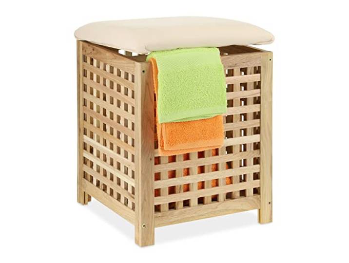 Relaxdays Wäschekorb mit Sitz, Walnussholz, Stoff, HxBxT: 50 x 39 x 39 cm, 45 l Wäschebox, Badhocker mit Stauraum, Natur