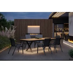 OUTFLEXX Luminara Garten-Essgruppe mit LED-Beleuchtung, anthrazit matt/natur, Aluminium/Holzimitat/Textilene, Tisch 240 x 100 cm, 6 stapelbare Sessel