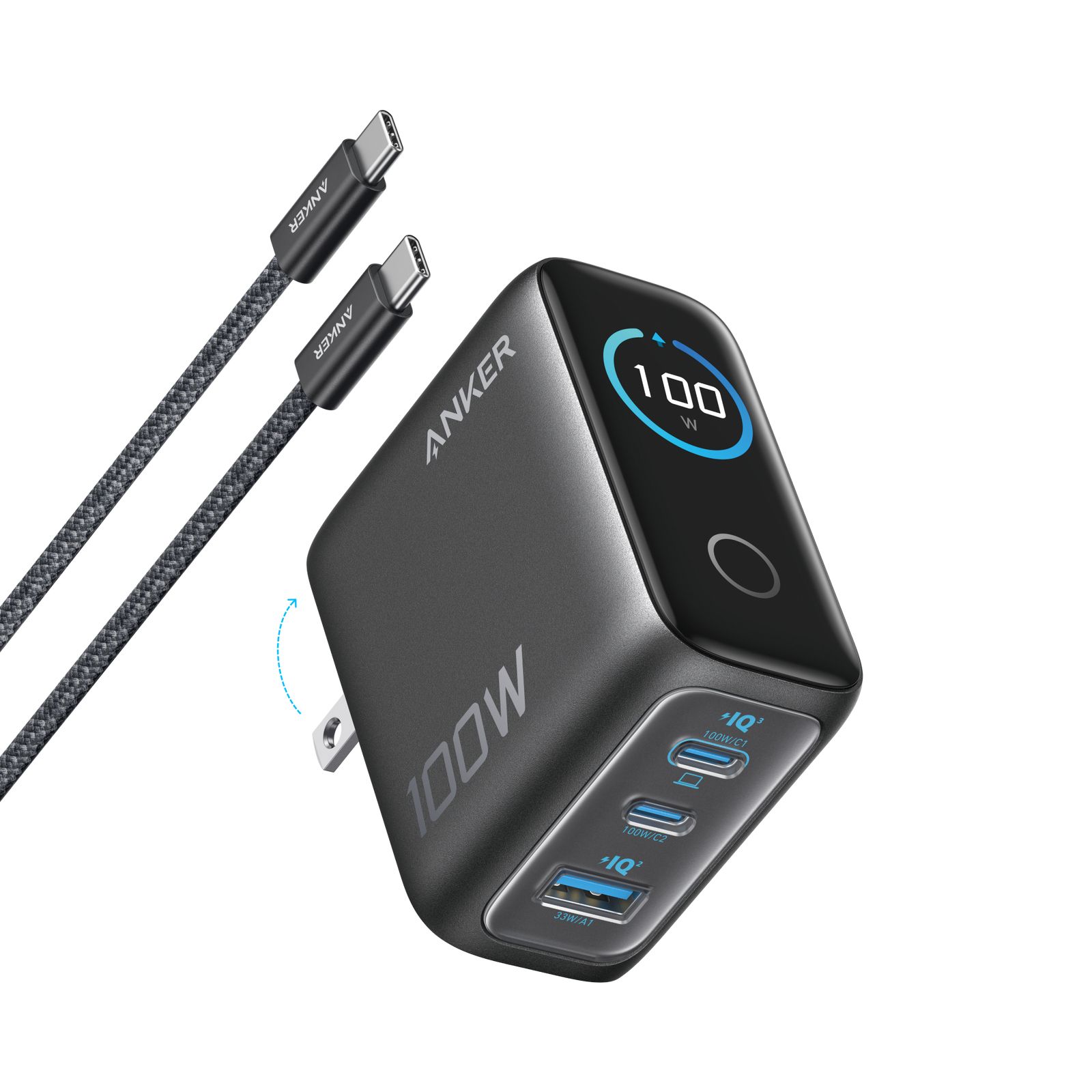 Anker Charger 3 Ports Smart Display 100 W Ladegerät (Schwarz) B121BGZ1