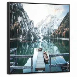LEINWAND Bilder mit Rahmen - Natur - Berge - Schnee - Wald - Boot - 90x90