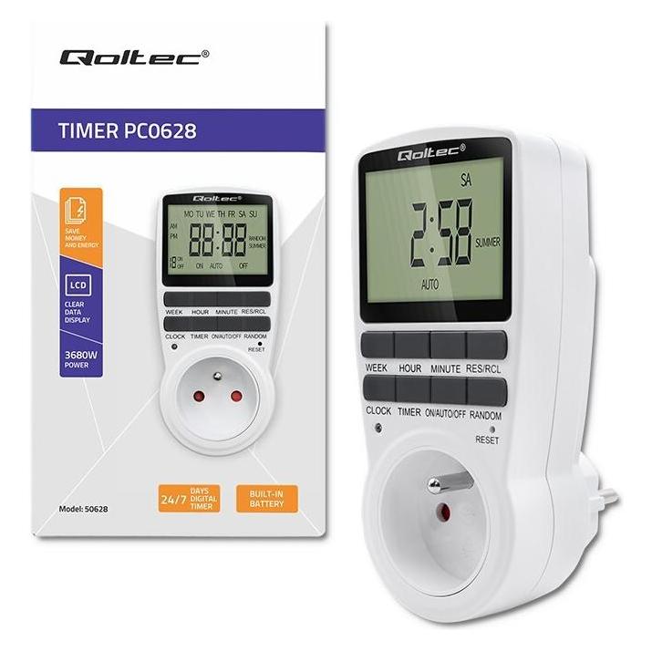 Qoltec Elektroniczny programator czasowy PC0628 | 3680W | 16A | LCD (50628)
