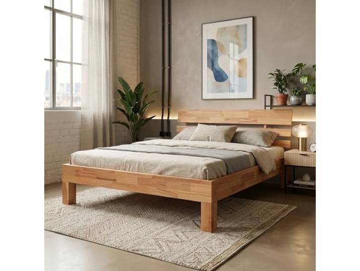 Krok Wood Massivholzbett Julia Wildbuche 140x200 cm Stabiles Holzbett mit Kopfteil, natürliche Farbnuancen & lebendige Maserung, geöltes Buchenholz
