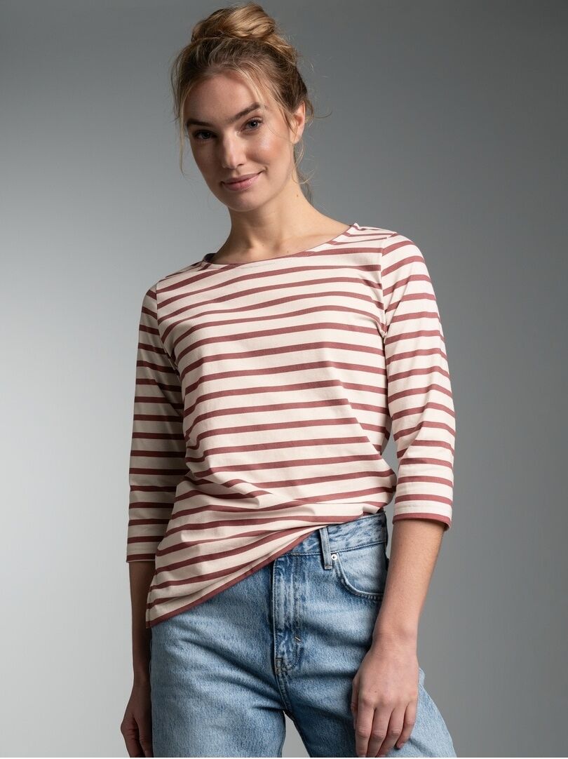 T-Shirt TRIGEMA "TRIGEMA 3/4 Arm T Shirt mit Ringelmuster "Sail", Damen, Gr. L, rot (mahagoni), Single Jersey, 100% Baumwolle, Basic, Rundhals, Shirts T-Shirt mahagoni L