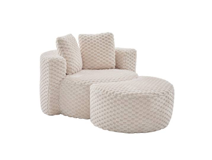 ComfortXL Sessel De-35078 mit Hocker Beige, 116x65x129 cm, Wohnzimmer, Sessel, Polstersessel
