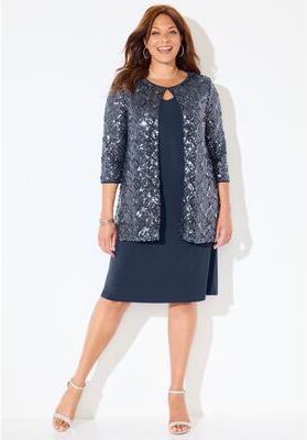 Plus Size Women's Mesh Flyaway Sheath Dress by Catherines in Navy (Size 0X)