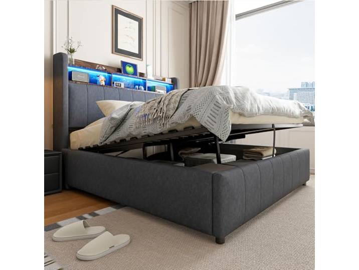 Laxnb Bett 140x200 cm Polsterbett Doppelbett, Jugendbett Betten mit Stauraum, Kopfteil mit LED&USB und Regal, Hydraulisches Stauraumbett Bettgestell Bett mit Lattenrost, Leinen Grau, Ohne Matratze