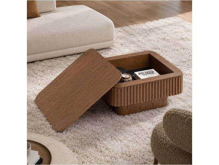 Table basse carrée SENVIRO 75 cm plateau relevable rangement caché noyer