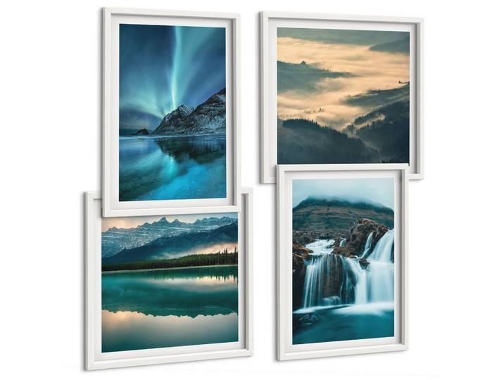 BILDER SET 4er Set - 50x50 cm & 40x60 cm Weißer Rahmen - Winterlandschaften, Wasserfälle, Nordlichter