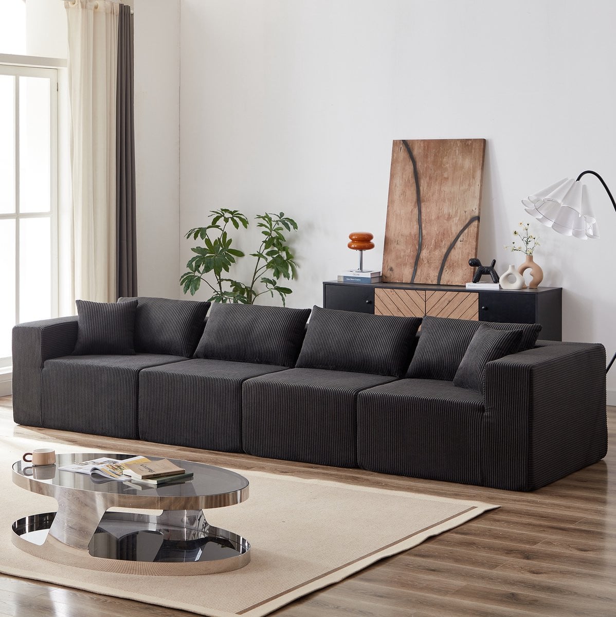 FloraGrace Modulaire 4-Zits Bank - Zwart - Ribstof