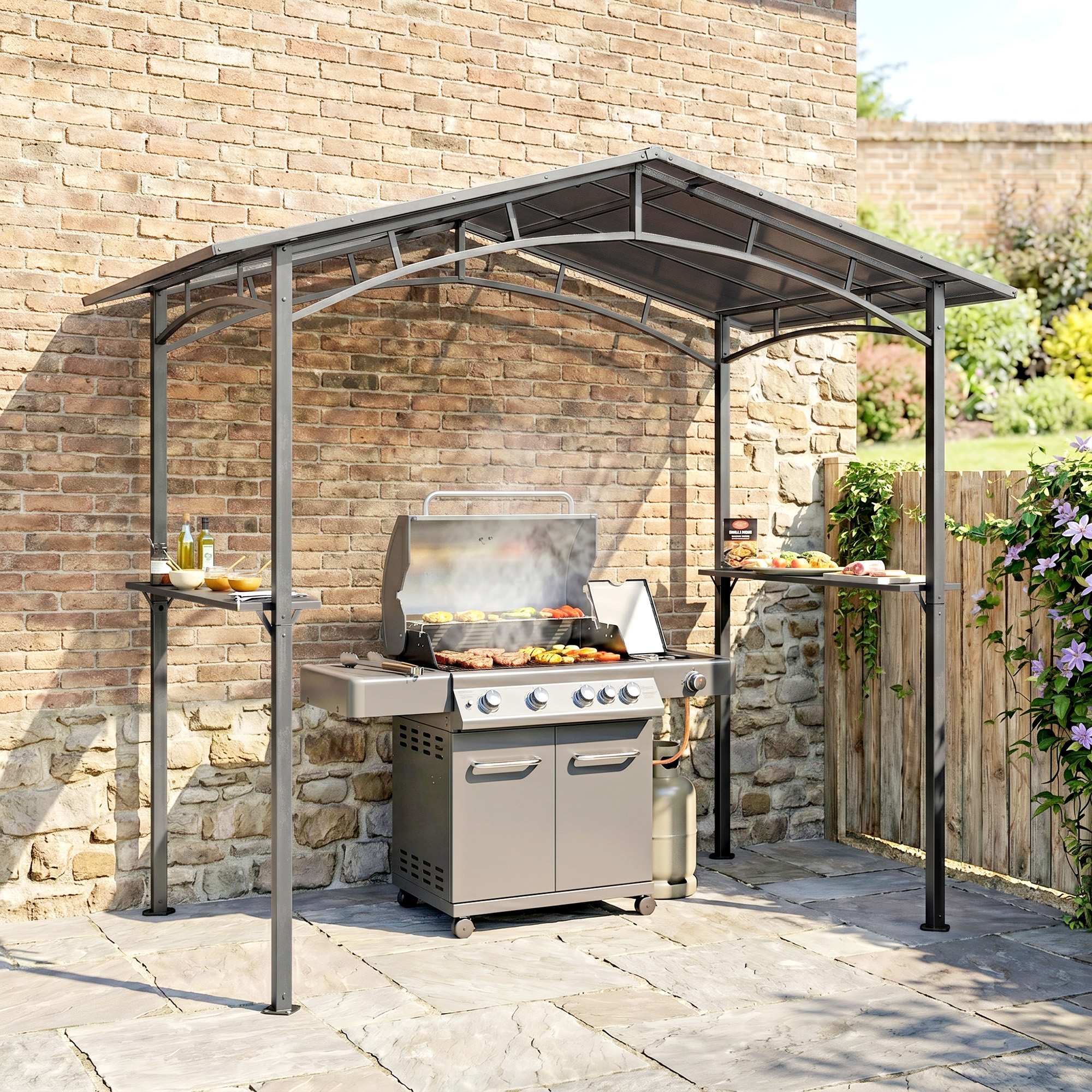 Outsunny Gazebo da Giardino per Barbecue BBQ con Tetto in PC e Mensole Laterali, Struttura in Alluminio e Metallo, 246x149x230cm, Nero Aosom