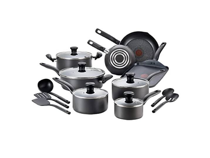 T-fal Initiatives Antihaft-Kochgeschirr-Set, 18-teilig, ofenfest, 18-teilig, Küchen-Kochset mit Bratpfannen, Töpfen, Suppentöpfen, Bratpfannen, Löffeln, Deckeln, Töpfen und Pfannen,