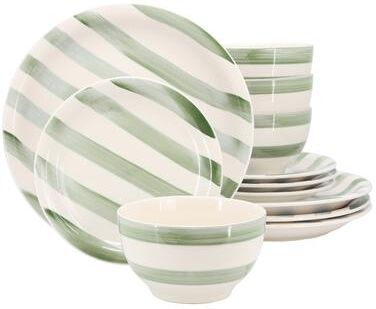 Gibson Home Set of 12, Stoneware Dinnerware Green Stripe