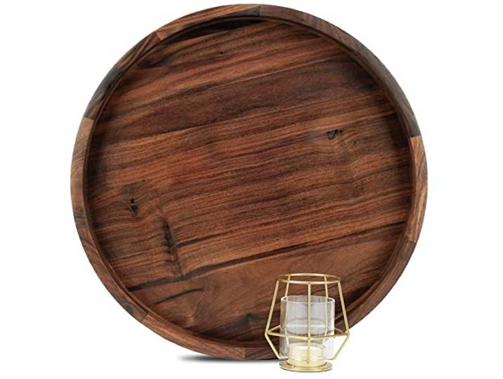 MAGIGO 40,6 cm großes, rundes schwarzes Walnussholz-Tablett mit Griffen, zum Servieren von Tee, Kaffee oder Frühstück im Bett, klassisches rundes dekoratives Serviertablett aus Holz