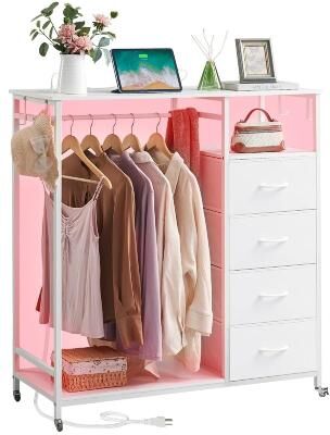 No Dresser for Bedroom with Hanging Rack LED Lights and Charging Station