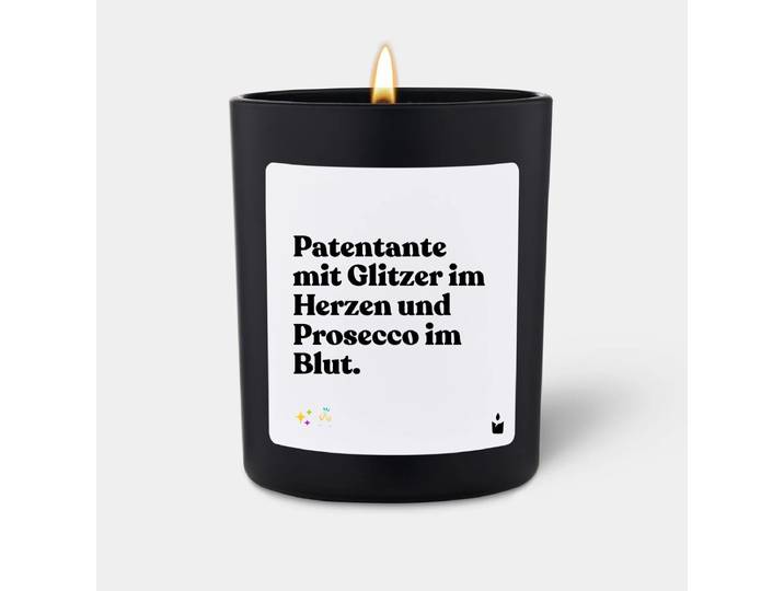 Duftkerze Schwarz Woody Patentante mit Glitzer im Herzen und Prosecco im Blut.