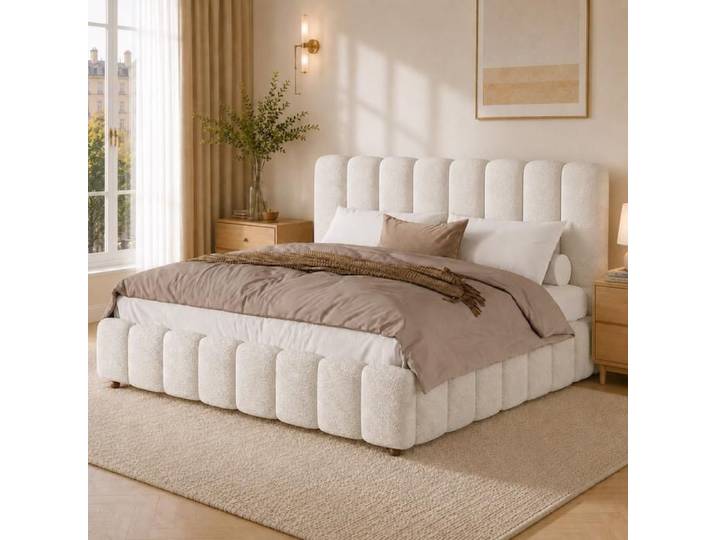 Lit Double Rembourré 160x200 cm en Tissu Bouclette avec Tête de Lit Cannelée Cadre de Lit Rembourré Sommier à Lattes Blanc