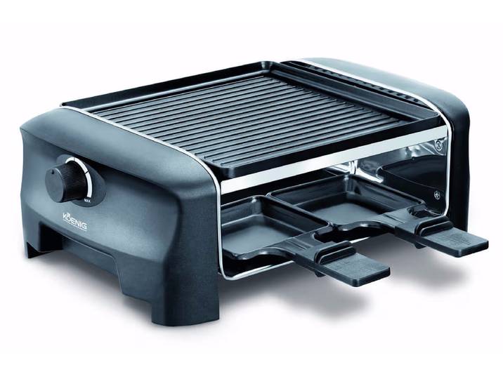 Koenig Raclette Gourmet Grill und Stein, 4er Raclettegerät für 4 Personen – Raclette Ofen/Raclette Grill – schwarz