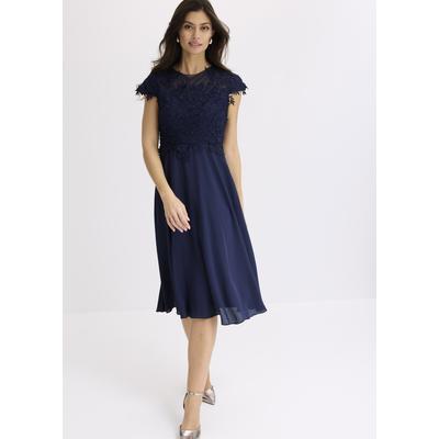 Midikleid BONPRIX, Damen, Gr. 36, N-Gr, blau (dunkelblau), Obermaterial: 100% Polyester. Futter: 100% Polyester. Spitze: 100% Polyester, festlich, ausgestellt, Kleider Midikleid, festlicher Stil, aus Tüllmaterial mit Spitze, ausgestellte Passform