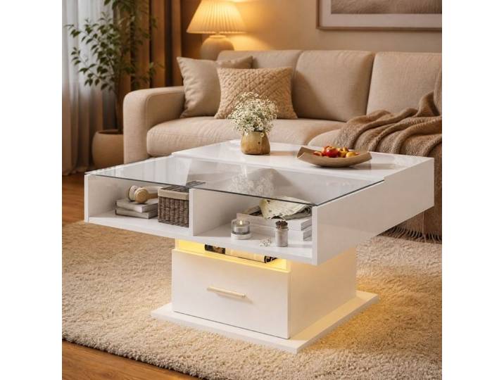 Table basse relevable - ZEVKOR - Table Basse Relevable - 78x78 cm - 1 tiroir & 2 niches - LED Bluetooth