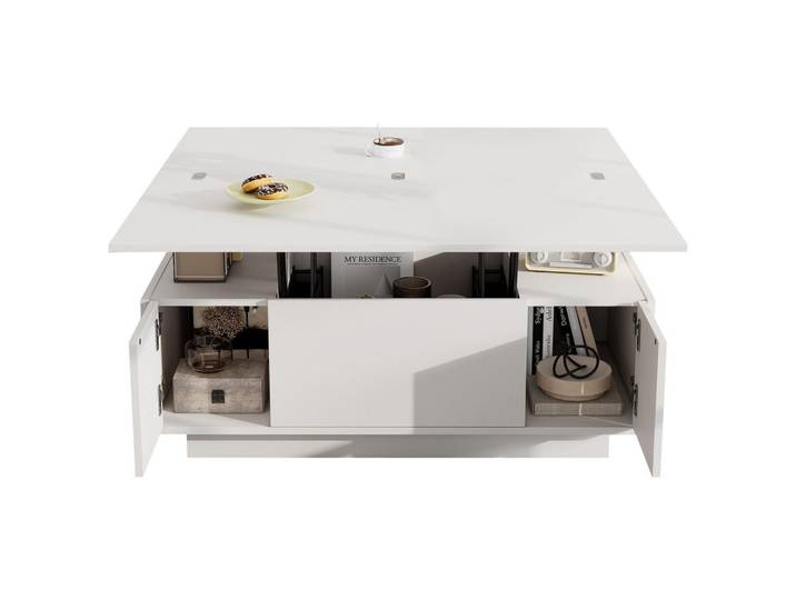 Flieks Couchtisch Doppel-Hebemechanismus Weiß Versteckter Stauraum 50kg Belastbar, Holz, 61x9.5x109 cm, Wohnzimmer, Wohnzimmertische, Couchtische