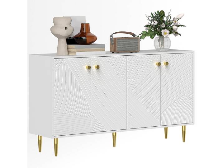ComfortXL Sideboard De-11145 Mit verstellbaren Böden & Goldakzenten Weiß, 140x77.5x35 cm, Kleinmöbel, Kommoden, Sideboards