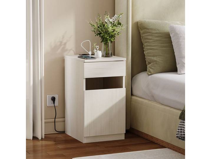 Table de chevet - Avec chargeur intégré - Ports USB-A & USB-C - Prise secteur intégrée - 1 tiroir bois clair