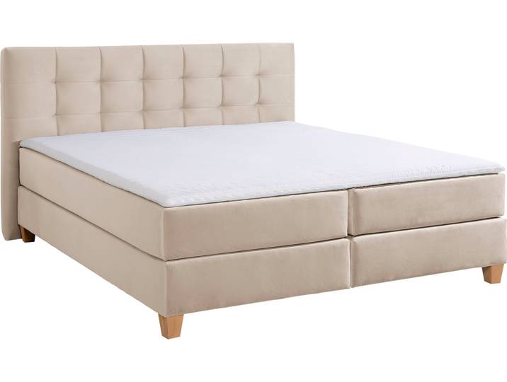 Boxspringbett, Samtstoff, Beige, 200×220 cm, 3 Härtegrade, Klassisch, Home-affaire