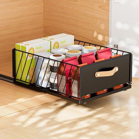 Benza Uittrekbare ladeorganizer, Telescopische lade-inzet voor keuken of badkamer, zwart koolstofstaal, B/D/H: 40,5 x 30 x 16 cm