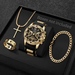 4-teiliges Herren-Set mit Quarzuhr und Schmuck - Black Gold No Box
