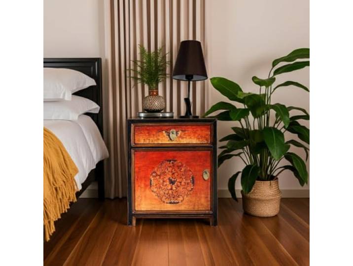 OPIUM OUTLET Schrank Kommode Nachtkästchen Nachtkommode Nachtkonsole Schlafzimmer chinesisch asiatisch orientalisch Vintage Shabby Nachttisch rot orange schwarz