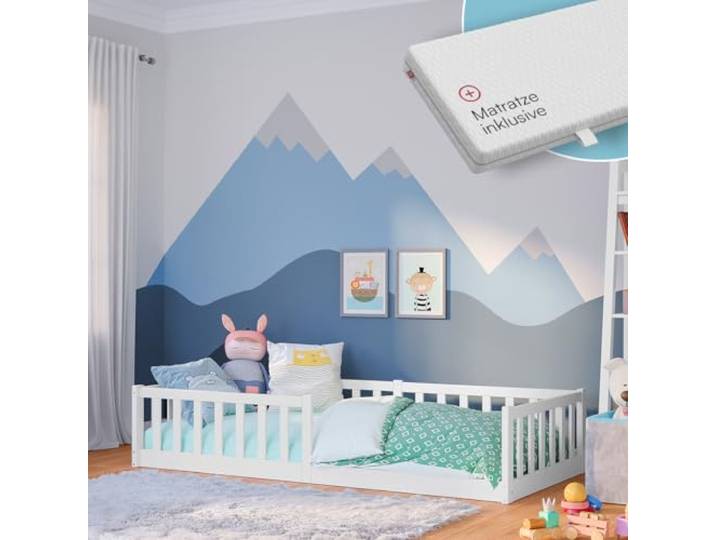 Bellabino Vere Bodenbett 90x200 cm, Massivholz Kiefer, mit Matratze, Weiß Montessori Kinderbett mit Rausfallschutz & Lattenrost, Massivholzbett für Jungen & Mädchen aus Holz Kiefer, Kleinkindbett