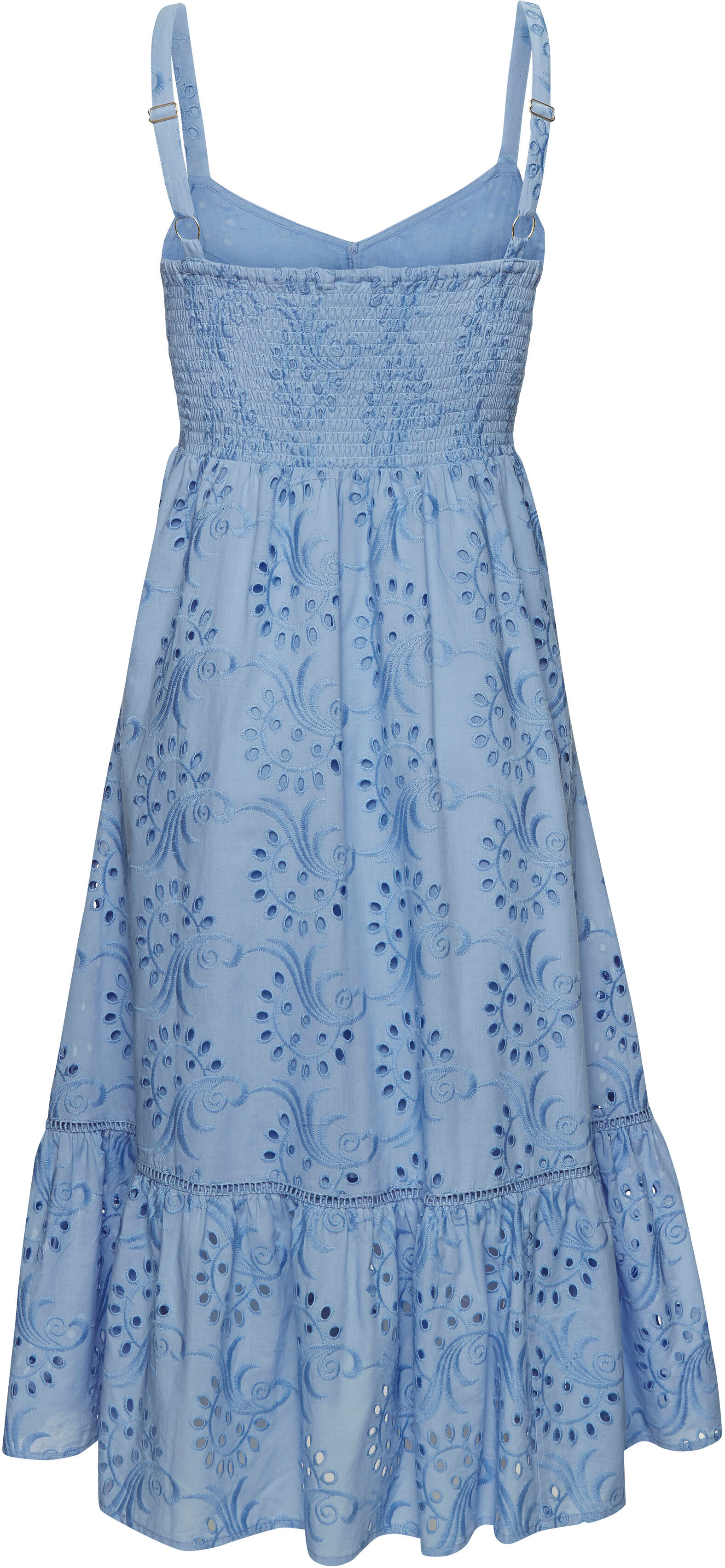 Midikleid LASCANA, Damen, Gr. 44, N-Gr, blau (hellblau), Web, Obermaterial: 100% Baumwolle. Futter: 100% Baumwolle, unifarben, figurumspielend ca. Mitte Wade, V-Ausschnitt, Kleider Midikleid, mit sommerlicher Lochstickerei hellblau 44, N-Gr