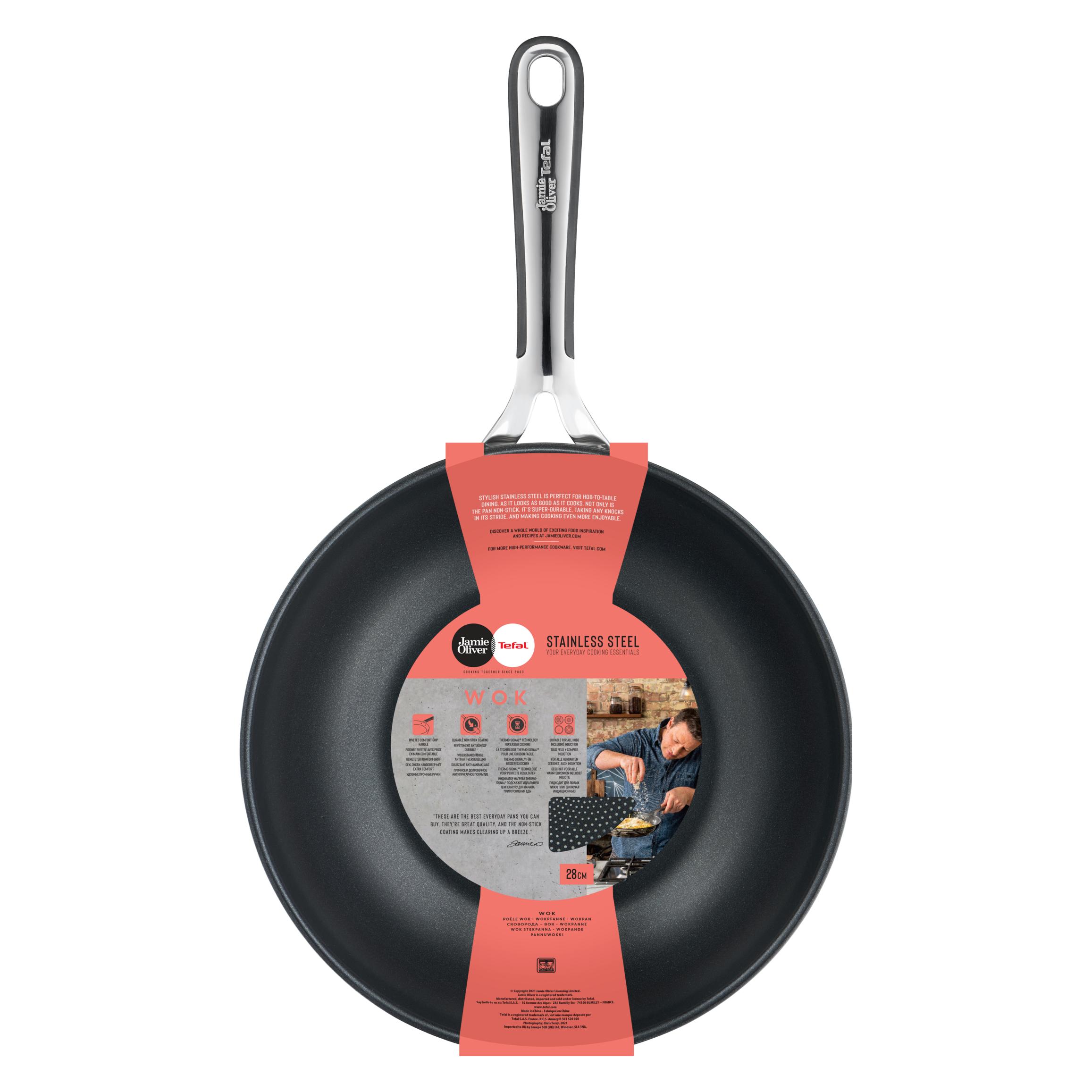 Tefal Jamie Oliver Kitchen Essential Wokpfanne 28cm mit Temperaturanzeige (Wok Pfanne, Edelstahl, 28 x 9 cm) (E3141944)